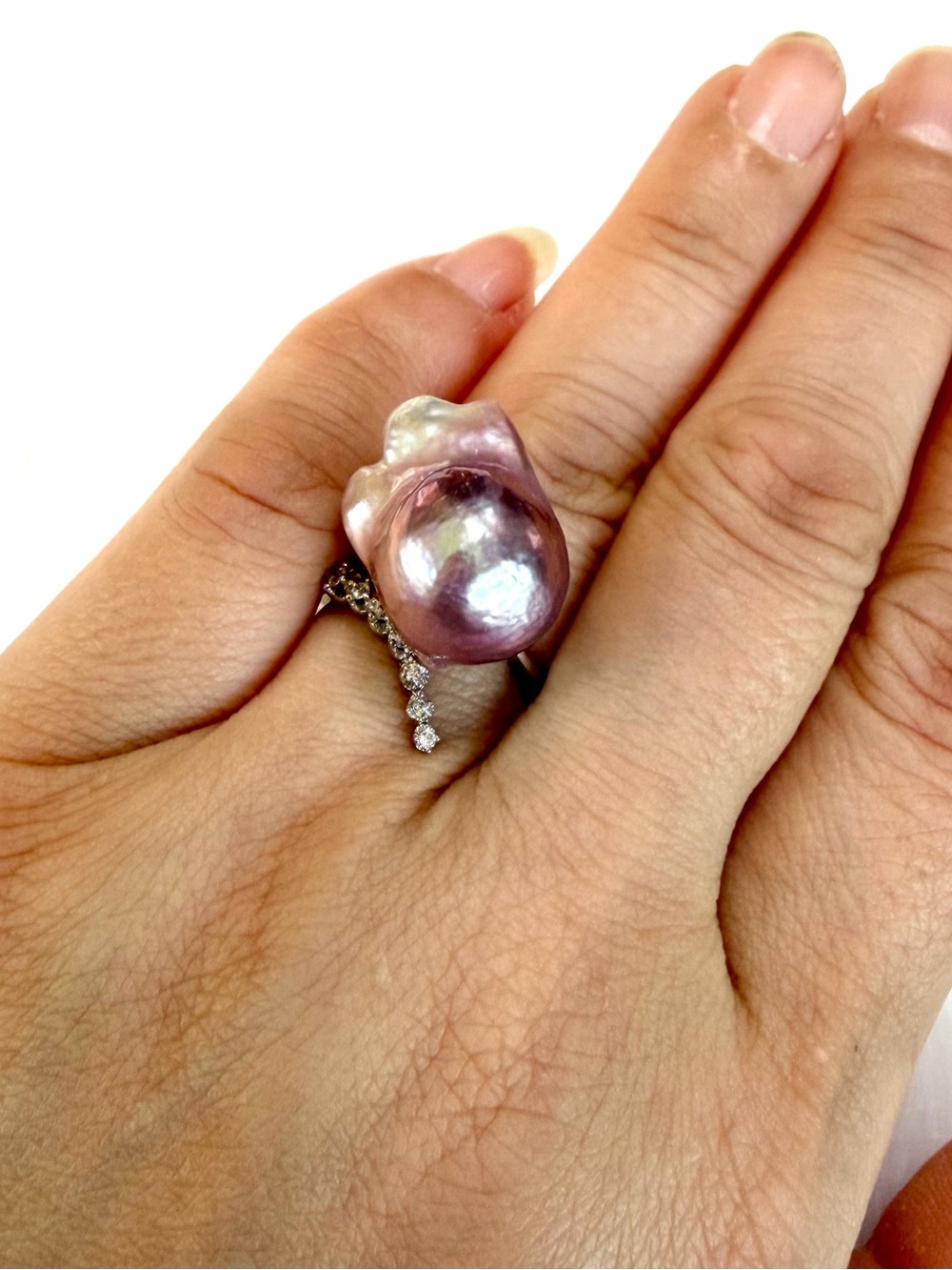 Lavender Baroque Pearl Ring with Pavé Band - Women Jewelry - Picture 2 of 10
